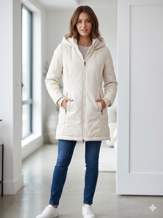 Lole Jackets & Blazers - Lolë White Cream Quilted Hooded Mid-Length Puffer Jacket Coat